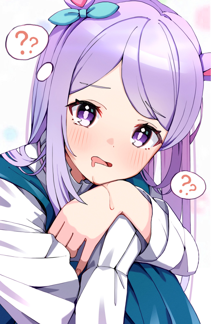 1girl ? absurdres animal_ears bangs blue_dress blue_ribbon blush commentary_request dress drooling ear_ribbon eyebrows_visible_through_hair highres horse_ears hugging_own_legs knees_up long_hair long_sleeves looking_at_viewer mejiro_mcqueen_(umamusume) open_mouth purple_eyes purple_hair ribbon saliva shirt sitting sleeveless sleeveless_dress solo spoken_question_mark swept_bangs umamusume wavy_mouth white_shirt yuki_kamakura