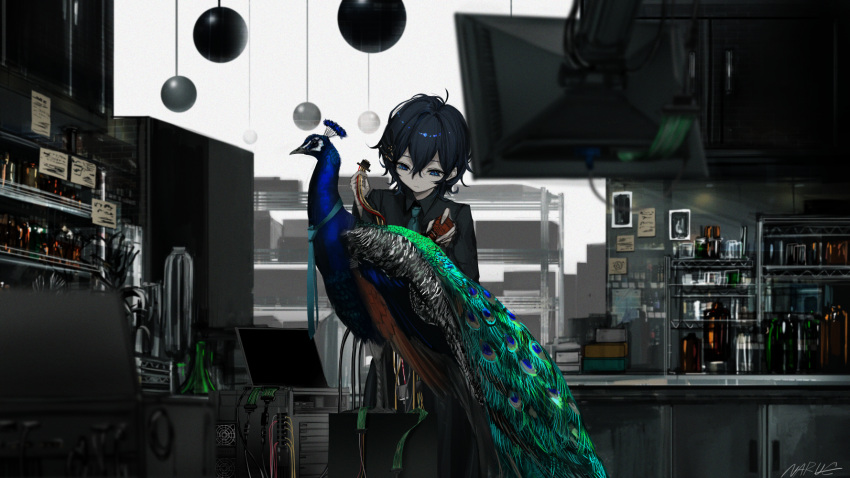 animal bird black_hair computer dark green_eyes naruwe original polychromatic robot shirt short_hair signed tie