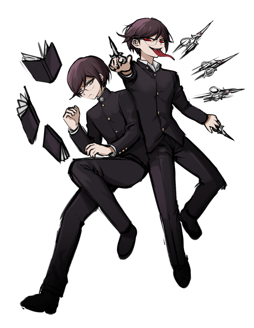 2boys absurdres bangs black_footwear black_jacket black_pants book brown_hair danganronpa:_trigger_happy_havoc danganronpa_(series) dual_persona floating floating_object foreshortening frown fukawa_touko full_body genderswap genderswap_(ftm) genocider_shou glasses highres holding invisible_chair jacket knee_up long_sleeves looking_at_viewer male_focus mole mole_under_mouth multiple_boys no_(xpxz7347) pants red_eyes round_eyewear school_uniform shirt short_hair simple_background sitting smile tongue tongue_out white_background