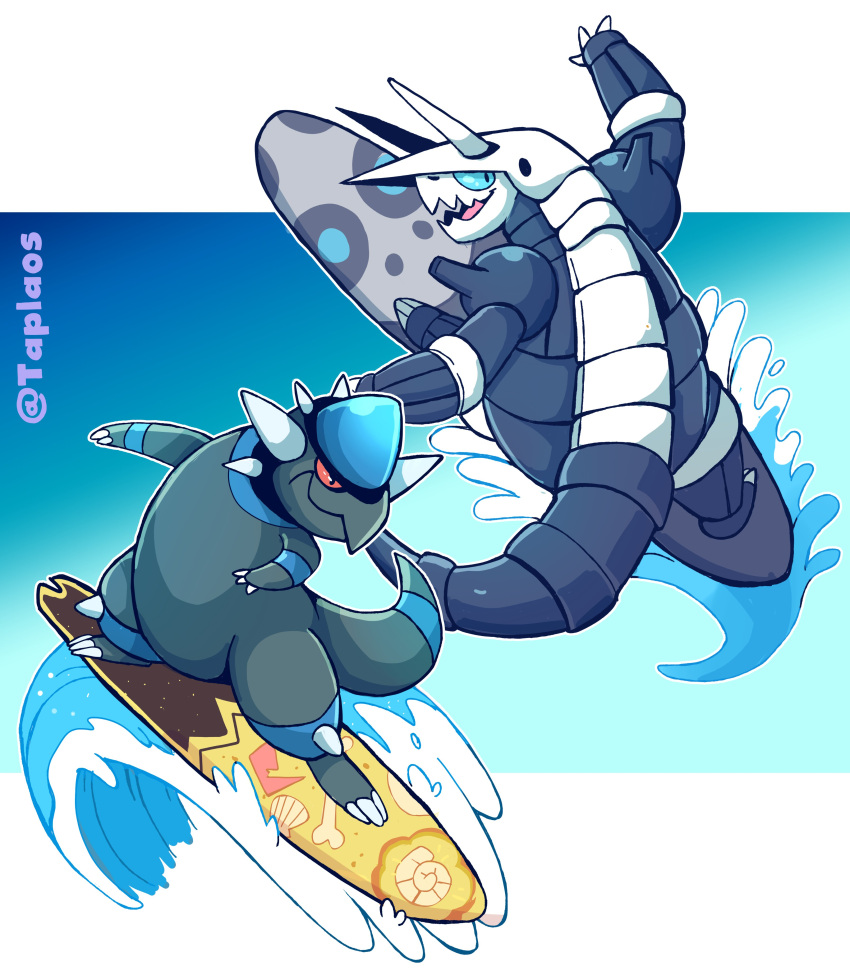 absurdres aggron gameplay_mechanics gen_3_pokemon gen_4_pokemon highres no_humans pokemon pokemon_(creature) rampardos surf_(pokemon) surfboard surfing taplaos twitter_username water