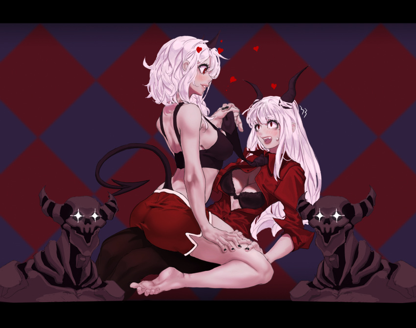 ass bra devil gym_uniform helltaker horns lucifer_(helltaker) modeus_(helltaker) monster octorypo open_shirt tail yuri