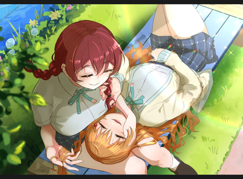 2girls bangs blue_shirt blue_skirt braid breasts brown_hair closed_eyes collared_shirt emma_verde freckles grass green_neckwear hair_up hand_in_another's_hair hand_on_another's_face highres konoe_kanata lap_pillow large_breasts long_hair long_sleeves love_live! love_live!_nijigasaki_high_school_idol_club low_twintails lying_on_lap monowe multiple_girls neck_ribbon nijigasaki_academy_uniform orange_hair outdoors plaid plaid_skirt pleated_skirt ribbon river school_uniform shirt short_sleeves skirt sleeping sleeping_on_person tree tree_branch twin_braids twintails wavy_hair white_shirt yuri