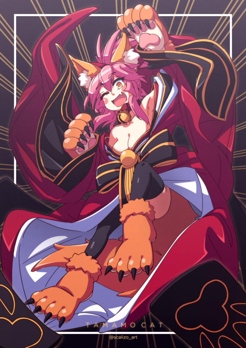 1girl animal_ear_fluff animal_ears bare_shoulders bell blush_stickers breasts cat_paws character_name cleavage collar collarbone eyebrows_visible_through_hair fang fate/grand_order fate_(series) fox_ears fox_girl fox_tail gloves hair_ribbon highres japanese_clothes jingle_bell kimono large_breasts long_hair looking_at_viewer neck_bell off_shoulder one_eye_closed open_mouth paw_gloves paw_shoes paws pink_hair ponytail red_kimono red_ribbon ribbon scalizo shoes skin_fang solo tail tamamo_(fate)_(all) tamamo_cat_(fate) twitter_username yellow_eyes