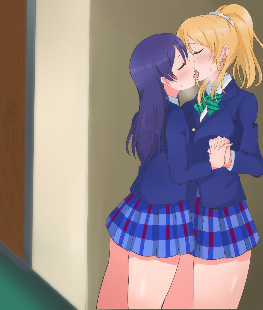 2girls absurdres ayase_eli blazer blonde_hair blush bow bowtie closed_eyes collared_shirt french_kiss highres holding_hands indoors interlocked_fingers jacket kiss love_live! love_live!_school_idol_project miniskirt multiple_girls pleated_skirt ponytail purple_hair school_uniform shirt skirt sonoda_umi thighs wewe yuri