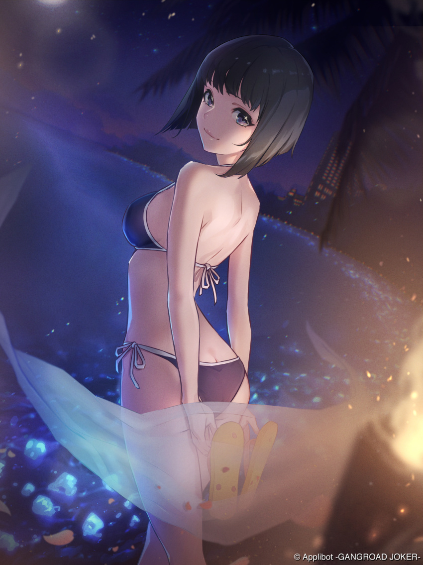 1girl arms_behind_back ass back beach bikini black_hair breasts building company_name copyright_name eito_nishikawa from_behind furyou_michi_~gang_road~ highres holding holding_clothes holding_footwear lips looking_at_viewer looking_back medium_breasts momogata_akane_(furyou_michi) night night_sky official_art purple_eyes sandals_removed short_hair side-tie_bikini sky swimsuit water