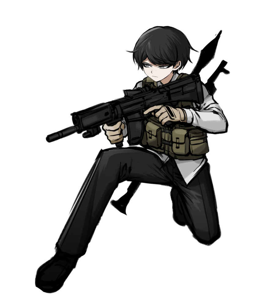 1boy absurdres bangs black_hair black_pants brown_gloves bulletproof_vest danganronpa:_trigger_happy_havoc danganronpa_(series) frown full_body genderswap genderswap_(ftm) gloves grey_background gun highres holding holding_weapon ikusaba_mukuro no_(xpxz7347) one_knee pants rifle rocket_launcher shirt shoes short_hair simple_background solo weapon white_background white_shirt