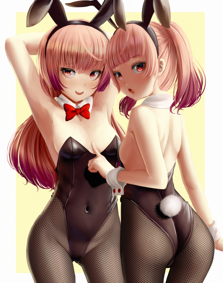 2girls :d animal_ears ass atelier_(series) atelier_lydie_&amp;_suelle black_leotard bow breasts commentary covered_navel cowboy_shot detached_collar dkoro english_commentary eyebrows_visible_through_hair fake_animal_ears fishnet_legwear fishnets highres leotard looking_at_viewer lydie_marlen medium_breasts multiple_girls outside_border pink_eyes pink_hair playboy_bunny rabbit_ears rabbit_tail red_bow siblings sisters small_breasts smile suelle_marlen tail twintails wrist_cuffs yellow_background