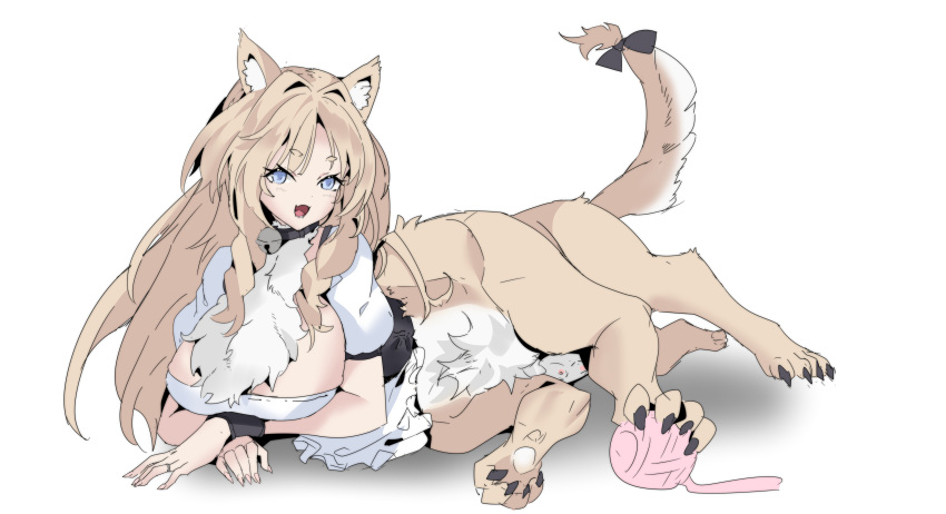 1girl :d absurdres animal_ear_fluff animal_ears apron bangs bell black_choker black_ribbon blue_eyes body_fur breasts brown_fur brown_hair centauroid chinese_commentary choker claws cleavage commentary detached_sleeves dog_ears eyebrows_visible_through_hair fang frilled_apron frills full_body fur hair_between_eyes hair_intakes highres jewelry large_breasts long_hair looking_at_viewer lying maid maid_apron monster_girl multiple_legs neck_bell nipples on_side open_mouth original puffy_detached_sleeves puffy_sleeves ribbon ring shadow sidelocks simple_background skin_fang smile solo tail tail_ornament tail_ribbon taur teeth white_apron white_background white_fur white_sleeves wristband yarn yarn_ball zhu_fun