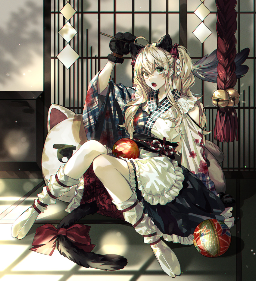 1girl :o ahoge animal_ears bangs blonde_hair bow cat_ears commentary eyebrows_visible_through_hair fan gloves green_eyes highres holding japanese_clothes kimono kneehighs knees_together_feet_apart long_hair long_sleeves looking_at_viewer ma_yoyo no_shoes open_mouth original paw_gloves paws shrine sidelocks solo symbol_commentary tabi tail tail_bow tail_ornament white_kimono white_legwear wide_sleeves