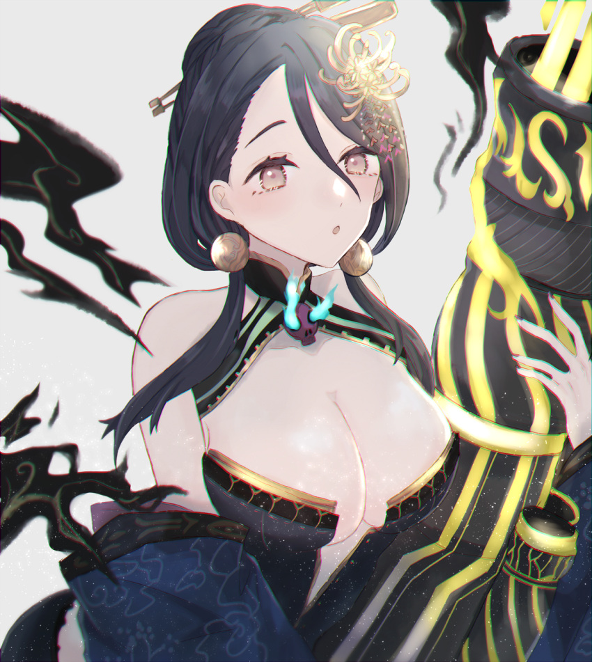 1girl :o akitama2727 bangs bare_shoulders blue_dress blue_hair blue_nails breasts brown_eyes cleavage dress earrings grey_background hair_between_eyes hair_ornament highres holding jewelry kaguya_hime_(sinoalice) looking_at_viewer open_mouth quiver simple_background sinoalice solo