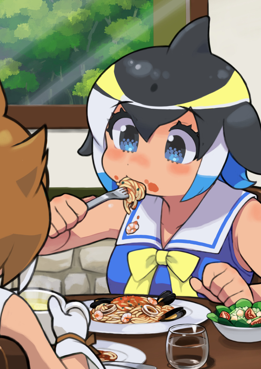 2girls armpit_crease bangs bare_arms bare_shoulders black_hair blue_dress blue_eyes blue_hair bow bowl bowtie brown_ribbon chair cherry_tomato clam clenched_hand collarbone commentary_request common_dolphin_(kemono_friends) cup dhole_(kemono_friends) dish dorsal_fin dot_nose dress drink drinking_glass eating eyebrows_visible_through_hair eyelashes facing_away fins food food_in_mouth food_on_face fork from_behind from_side gloves hair_between_eyes hand_up hands_up head_fins highres holding holding_fork indoors kemono_friends kemono_friends_3 lettuce light_brown_hair multicolored_hair multiple_girls noodles pasta plate ribbon rinx sailor_collar sailor_dress salad short_hair shrimp sleeveless sleeveless_dress solo_focus soup spaghetti steam stone_wall table tareme tomato tree upper_body wall water white_gloves white_sailor_collar window yellow_bow yellow_neckwear