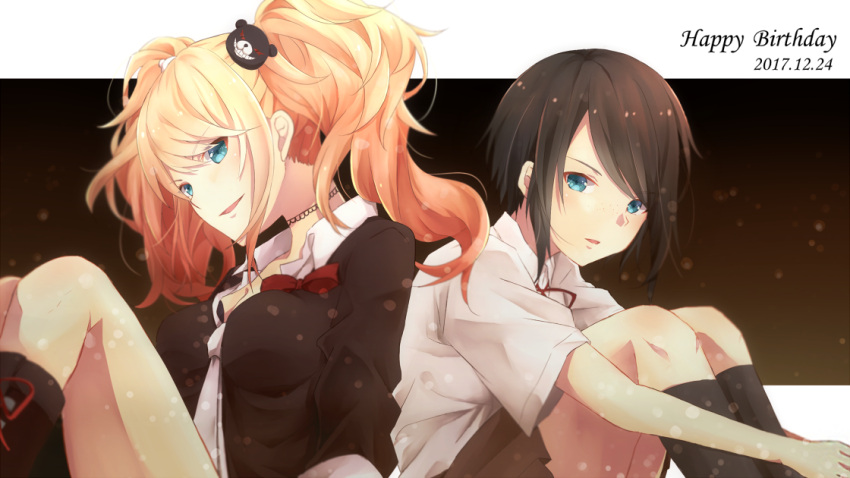 2girls back-to-back bangs black_hair black_legwear blonde_hair blue_eyes breasts brown_skirt choker cleavage commentary_request danganronpa:_trigger_happy_havoc danganronpa_(series) dated enoshima_junko freckles hair_ornament happy_birthday ikusaba_mukuro kneehighs kuro_n314 long_hair looking_at_viewer medium_breasts multiple_girls neck_ribbon necktie open_mouth red_ribbon ribbon school_uniform shirt siblings sisters sitting skirt sleeves_rolled_up smile twintails