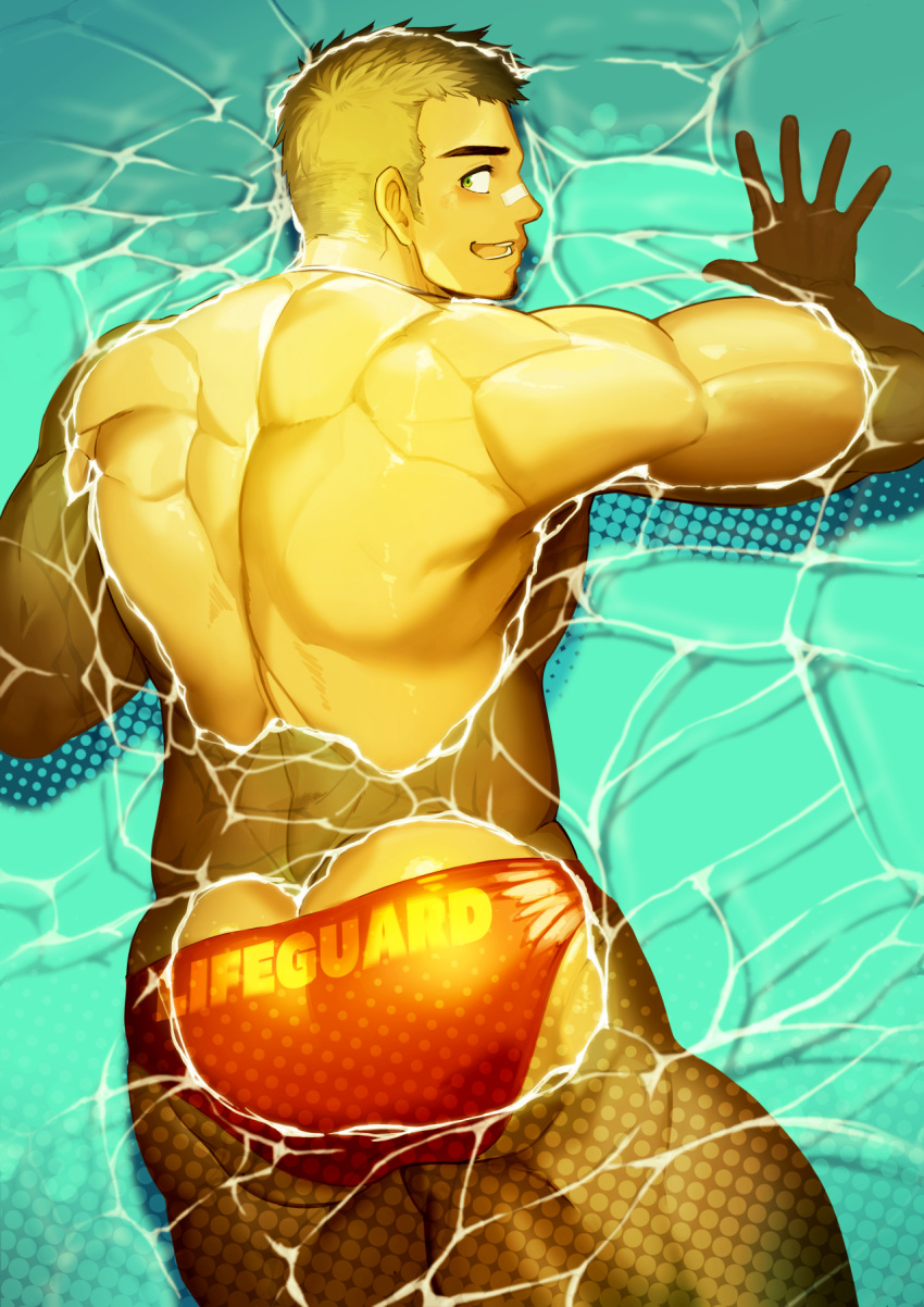 1boy ass bara bare_back blonde_hair blush highres lifeguard looking_at_viewer looking_back lying male_focus male_swimwear muscular muscular_male on_stomach original partially_submerged pectorals pool red_male_swimwear short_hair sideburns sidepec smile solo swim_briefs swimming thick_thighs thighs waku_(ayamix)