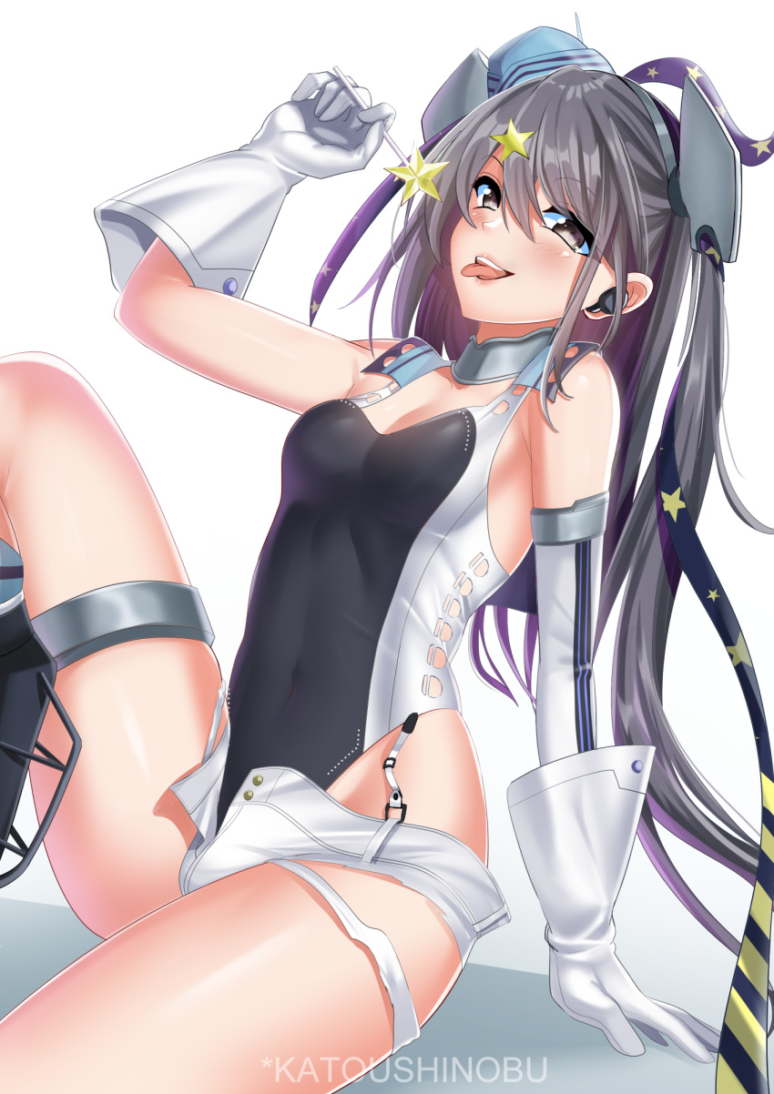 1girl aqua_headwear artist_name black_footwear black_swimsuit blush breasts candy commentary english_commentary eyebrows_visible_through_hair food garrison_cap gloves grey_eyes grey_hair hair_ornament hat headgear highres holding kantai_collection katou_shinobu long_hair one-piece_swimsuit open_mouth scamp_(kancolle) shorts side_ponytail simple_background sitting small_breasts solo star_(symbol) star_hair_ornament swimsuit tongue tongue_out white_background white_gloves white_shorts