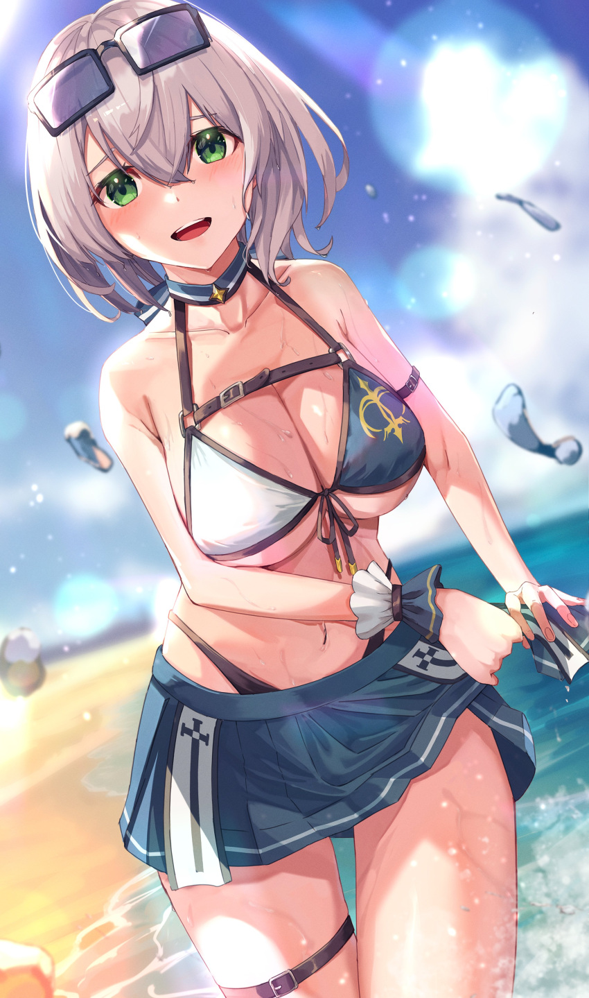 1girl absurdres arm_strap bangs beach bikini bikini_skirt blue_sky blush breasts cleavage cloud collarbone cowboy_shot green_eyes hair_between_eyes highleg highleg_bikini highres hololive large_breasts lens_flare looking_at_viewer mono_1010 multi-strapped_bikini navel open_mouth sand shirogane_noel short_hair silver_hair skirt sky solo splashing swimsuit thigh_strap virtual_youtuber wading water water_drop wet wringing_clothes wringing_skirt