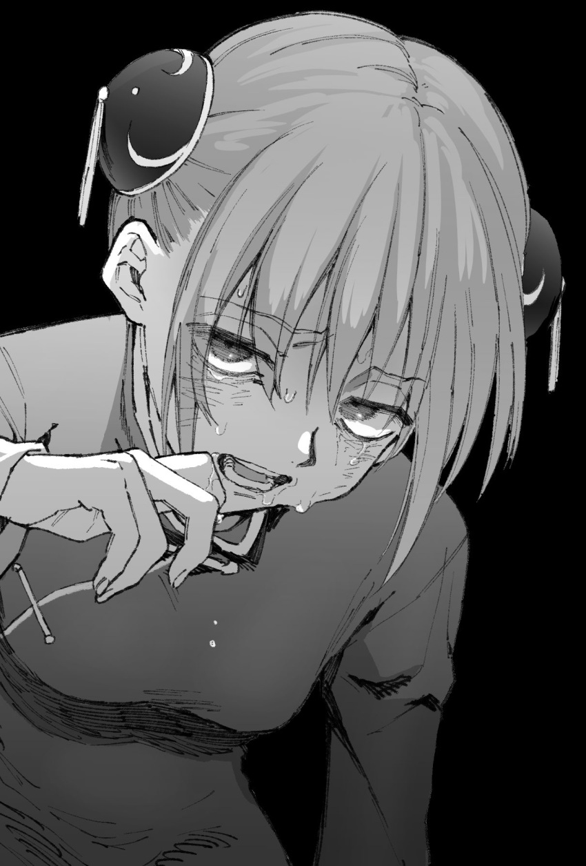 1girl bangs bun_cover chinese_clothes chouonsoku-jiisan commentary_request eyebrows_visible_through_hair gintama greyscale hair_between_eyes highres kagura_(gintama) long_sleeves monochrome open_mouth short_hair sick simple_background solo sweat upper_body