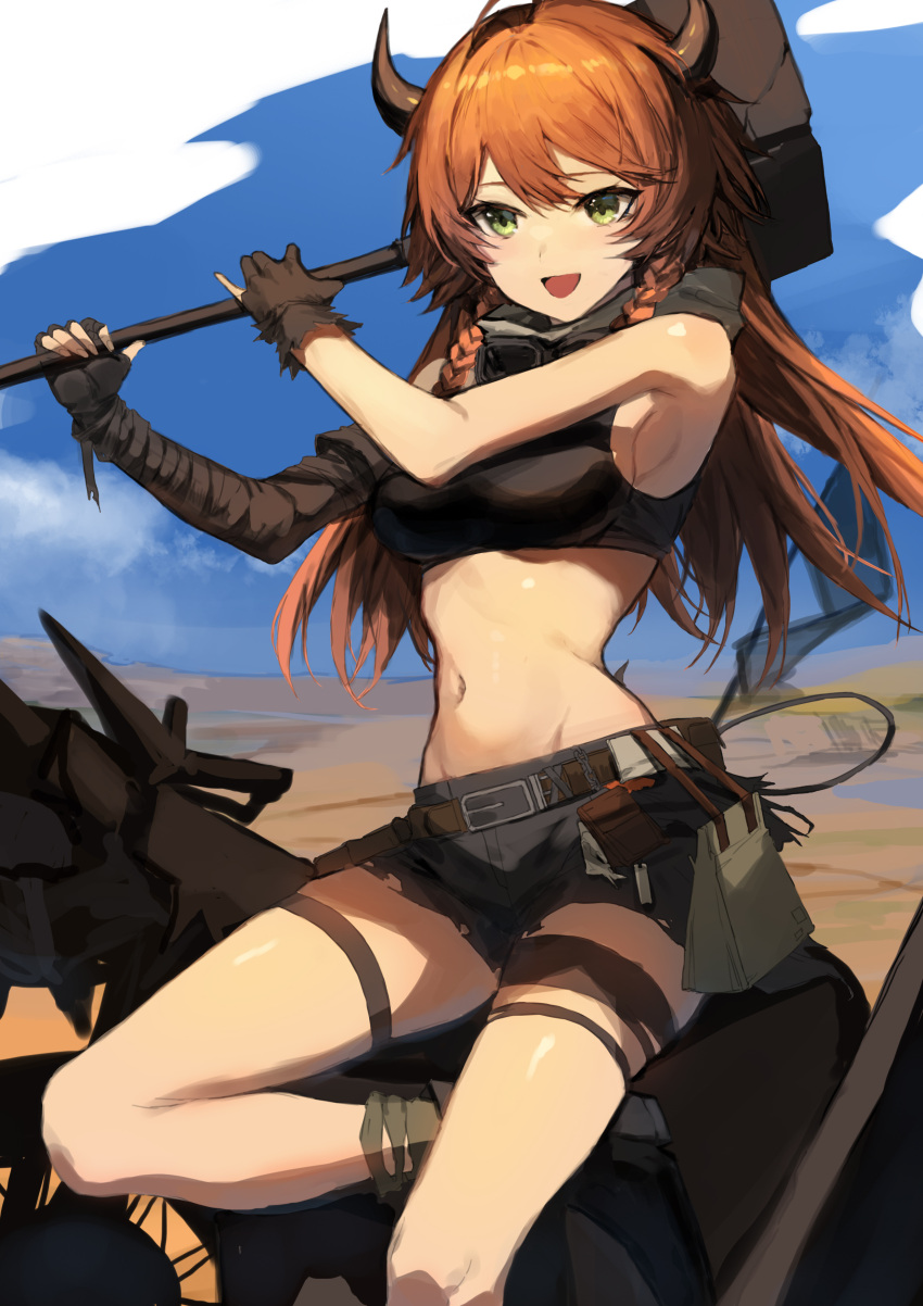 1girl :d absurdres arknights bandaged_arm bandages bandeau bangs bare_shoulders belt black_footwear black_gloves black_shorts boots braid breasts croissant_(arknights) croissant_(seeker)_(arknights) crop_top desert fingerless_gloves gloves goggles goggles_around_neck green_eyes ground_vehicle hammer highres holding holding_hammer holding_weapon horns leg_up long_hair looking_at_viewer medium_breasts midriff molyb motor_vehicle motorcycle navel official_alternate_costume open_mouth orange_hair outdoors over_shoulder short_shorts shorts sleeveless smile solo stomach thigh_strap thighs twin_braids weapon weapon_over_shoulder