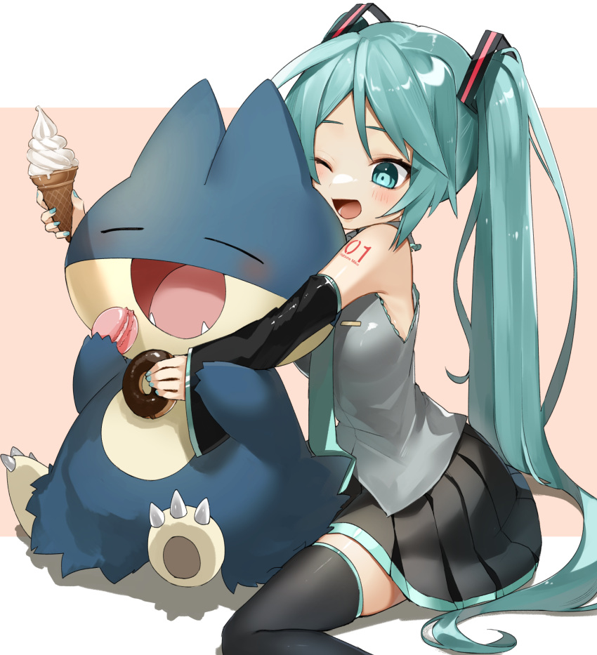 1girl ;d arm_tattoo bangs black_footwear black_skirt blush boots closed_eyes crossover detached_sleeves doughnut eating fangs food gen_4_pokemon green_eyes green_hair green_nails green_neckwear grey_shirt hatsune_miku highres holding ice_cream ice_cream_cone long_hair lower_teeth macaron munchlax nail_polish necktie one_eye_closed open_mouth pleated_skirt pokemon pokemon_(creature) reirou_(chokoonnpu) shiny shiny_hair shirt sitting skirt sleeveless sleeveless_shirt smile symbol_commentary tattoo thigh_boots thighhighs tied_hair tongue twintails vocaloid