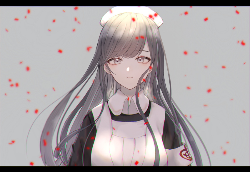 1girl akitama2727 apron bangs black_dress closed_mouth dress frown grey_background grey_eyes grey_hair hair_between_eyes hat long_hair looking_at_viewer nurse nurse_cap petals reality_arc_(sinoalice) simple_background sinoalice snow_white_(sinoalice) solo