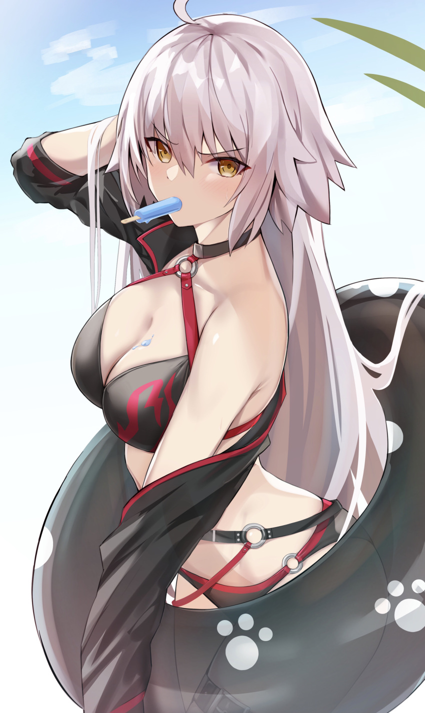 1girl absurdres ahoge bangs bee_doushi bikini breasts cleavage cowboy_shot cropped_jacket fate/grand_order fate_(series) food food_in_mouth from_side glaring hair_between_eyes hand_in_hair highres innertube jeanne_d'arc_(alter)_(fate) jeanne_d'arc_(alter_swimsuit_berserker)_(fate) jeanne_d'arc_(fate)_(all) large_breasts light_blush long_hair multi-strapped_bikini o-ring o-ring_bikini off_shoulder popsicle solo swimsuit v-shaped_eyebrows very_long_hair white_hair yellow_eyes