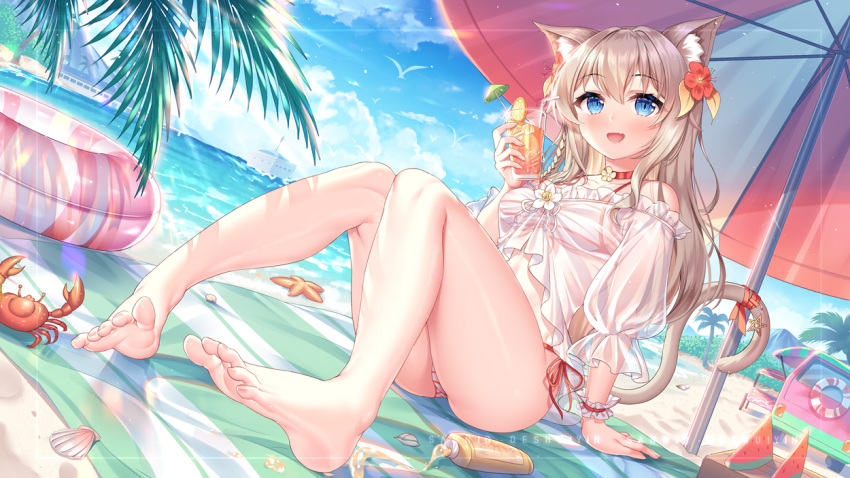 1girl animal_ear_fluff animal_ears bangs bare_legs barefoot beach beach_towel beach_umbrella bikini bikini_under_clothes blue_eyes blush brown_hair cat_ears cat_girl cat_tail chinese_commentary choker commentary_request copyright_request crab cup day eyebrows_visible_through_hair feet flower food fruit full_body hair_between_eyes hair_flower hair_ornament halter_top halterneck holding holding_cup innertube knees_up long_hair long_sleeves lotion_bottle off-shoulder_shirt off_shoulder open_mouth outdoors palm_leaf red_choker red_flower red_ribbon ribbon sannio shirt side-tie_bikini sitting smile soles solo striped striped_bikini swimsuit tail tail_ornament tail_raised tail_ribbon toes towel tropical_drink umbrella virtual_youtuber watermelon watermelon_slice white_shirt