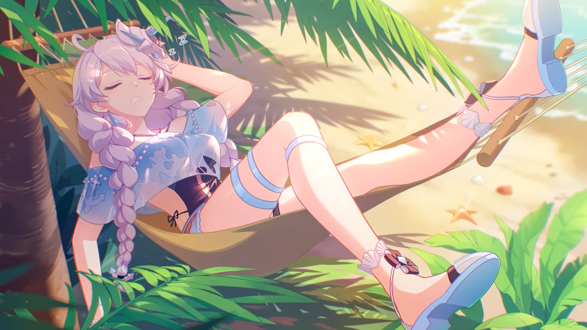 1065587906 animal beach blue_eyes braids breasts genshin_impact kiana_kaslana long_hair purple_hair sleeping tree water