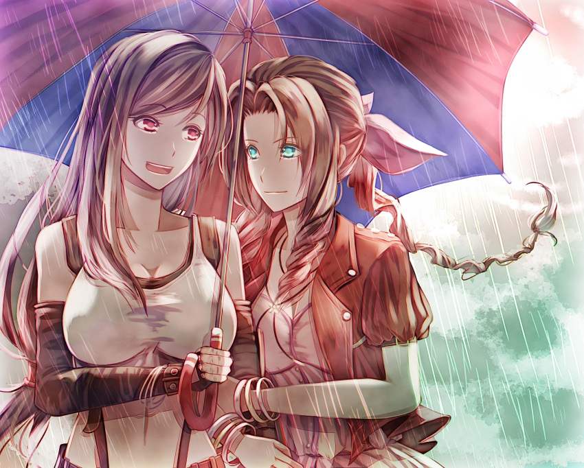 2girls :d aerith_gainsborough aqua_eyes arm_hug bangs black_sports_bra breasts cleavage closed_mouth collarbone crop_top cropped_jacket dress earrings elbow_gloves eyebrows_visible_through_hair facing_viewer final_fantasy final_fantasy_vii final_fantasy_vii_remake gloves hair_ribbon highres holding holding_umbrella jacket jewelry large_breasts long_hair looking_at_another low-tied_long_hair midriff mirrorclew multicolored_umbrella multiple_girls open_mouth parted_bangs pink_dress rain red_eyes red_jacket ribbon skirt smile sports_bra suspender_skirt suspenders tank_top tifa_lockhart umbrella upper_body white_tank_top yuri