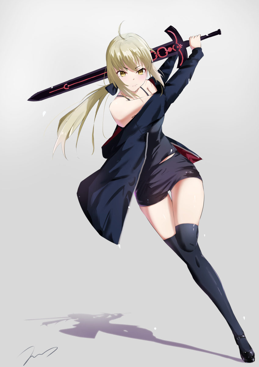 1girl absurdres ahoge artoria_pendragon_(all) bangs black_bow black_footwear black_jacket black_legwear black_shorts blonde_hair blush bow closed_mouth collarbone error1945 excalibur_morgan_(fate) fate/stay_night fate_(series) floating_hair full_body grey_background hair_between_eyes hair_bow highres holding holding_sword holding_weapon jacket leg_up long_hair long_sleeves looking_at_viewer open_clothes open_jacket ponytail saber_alter shadow shiny shiny_clothes shiny_hair shiny_legwear short_shorts shorts signature solo sword thigh_gap thighhighs weapon yellow_eyes