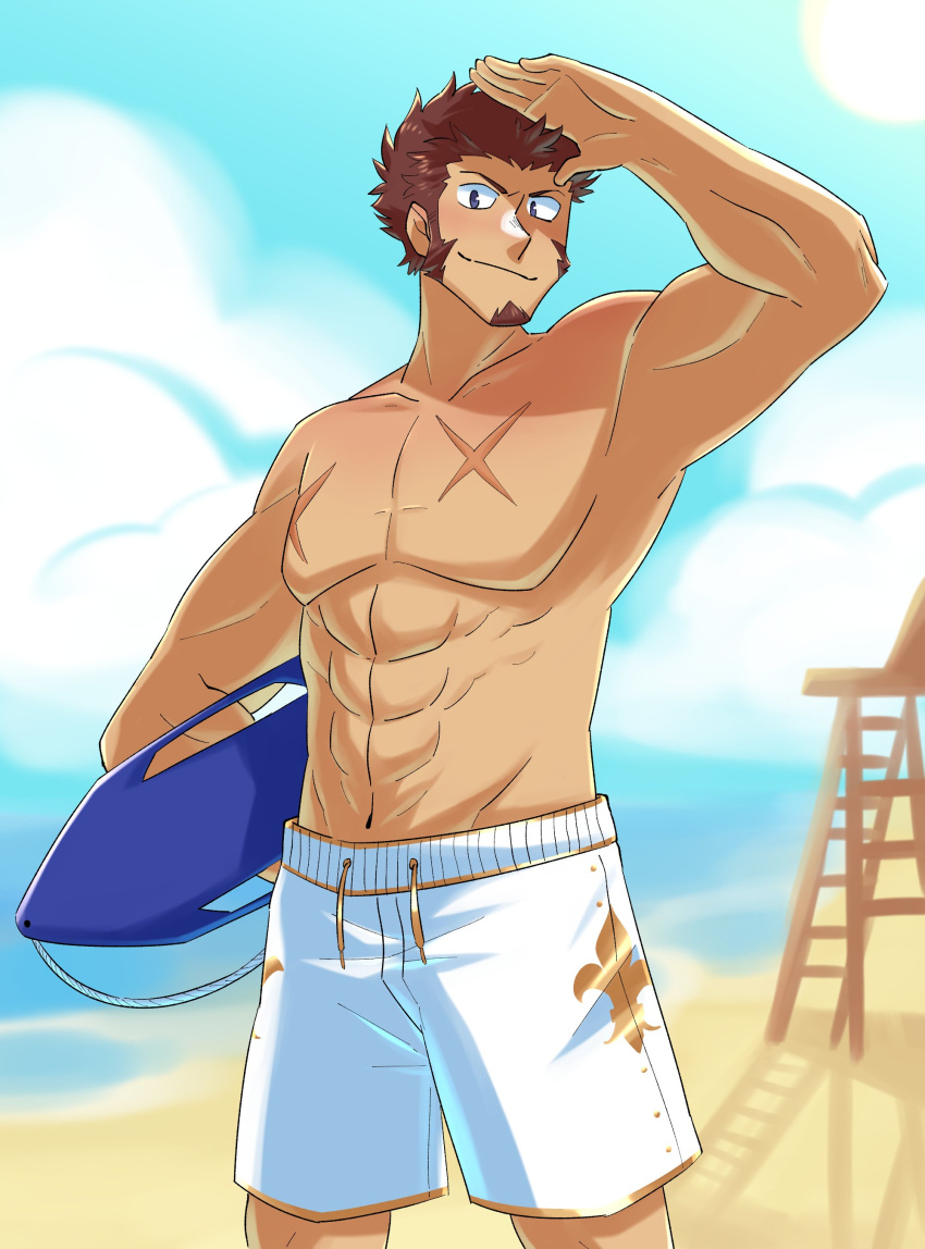 1boy abs absurdres alternate_costume bare_pectorals beach blue_eyes brown_hair day facial_hair fate/grand_order fate_(series) feet_out_of_frame goatee highres holding holding_surfboard long_sideburns looking_at_viewer male_focus male_swimwear muscular muscular_male napoleon_bonaparte_(fate) navel nipples no_nipples pectorals salute sand scar scar_on_chest short_hair sideburns smile solo stomach surfboard swim_trunks vincent-san white_male_swimwear