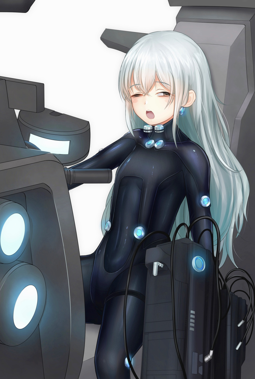 1girl absurdres alternate_costume black_bodysuit blush bodysuit breasts covered_navel eyebrows_visible_through_hair g11_(girls'_frontline) gantz gantz_suit girls'_frontline guchagucha highres latex_bodysuit long_hair looking_at_viewer neon_lights one_eye_closed open_mouth silver_hair sitting skin_tight solo white_background yawning yellow_eyes