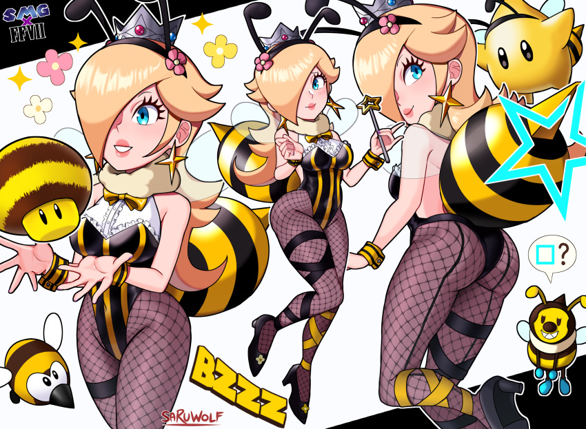 1girl absurdres ass bee_costume black_footwear black_leotard blonde_hair blue_eyes breasts earrings fake_antennae fake_wings final_fantasy final_fantasy_vii fishnet_legwear fishnets hair_over_one_eye high_heels highleg highleg_leotard highres insect_wings jewelry leotard long_hair luma_(mario) mario_(series) medium_breasts pantyhose rosalina sarukaiwolf star_(symbol) star_earrings stinger super_mario_galaxy wings