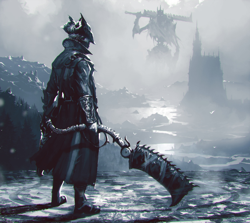2boys absurdres bloodborne boots castle commentary company_connection crossover dual_wielding english_commentary fog from_behind from_software full_body giant gun hat high_collar highres holding huge_weapon hunter_(bloodborne) kalmahul long_coat male_focus mask monochrome mouth_mask multiple_boys photoshop_(medium) saw_cleaver scenery size_difference solo_focus standing sword tricorne vambraces weapon