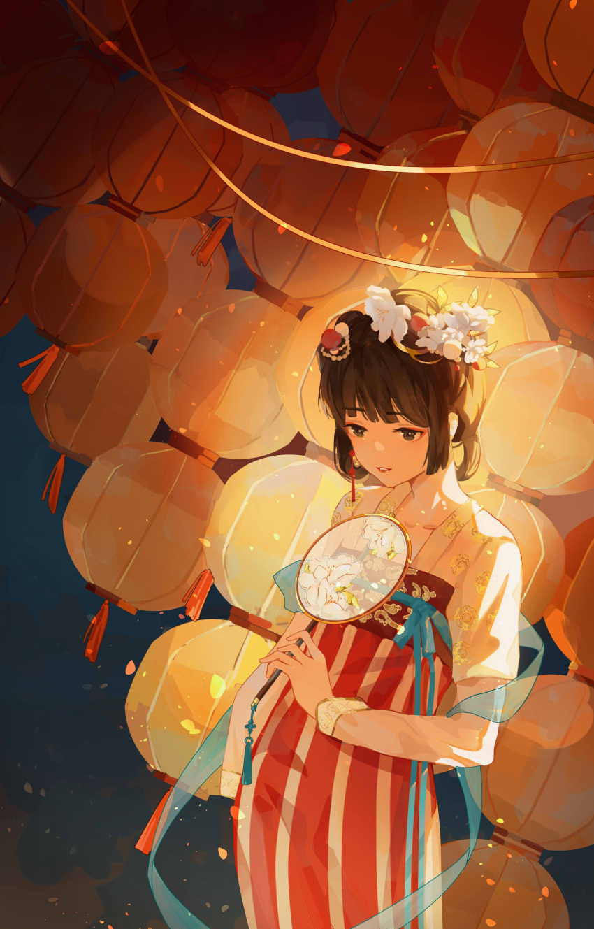 1girl absurdres bangs blue_background blue_ribbon brown_eyes brown_hair chinese_clothes chinese_commentary collarbone commentary_request cowboy_shot dress eyebrows_visible_through_hair fan flower hair_flower hair_ornament hair_rings highres holding holding_fan lantern leaning_back light_particles light_smile long_sleeves original paper_fan paper_lantern parted_lips red_dress red_lips ribbon solo sparks striped striped_dress tied_hair white_flower xianjiu