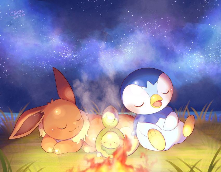 :3 blush budew closed_eyes closed_mouth commentary_request dated eevee fire gen_1_pokemon gen_4_pokemon grass heart highres lying night no_humans okoge_(simokaji) on_stomach open_mouth outdoors piplup pokemon pokemon_(creature) signature sky sleeping smile smoke star_(sky) starter_pokemon tongue