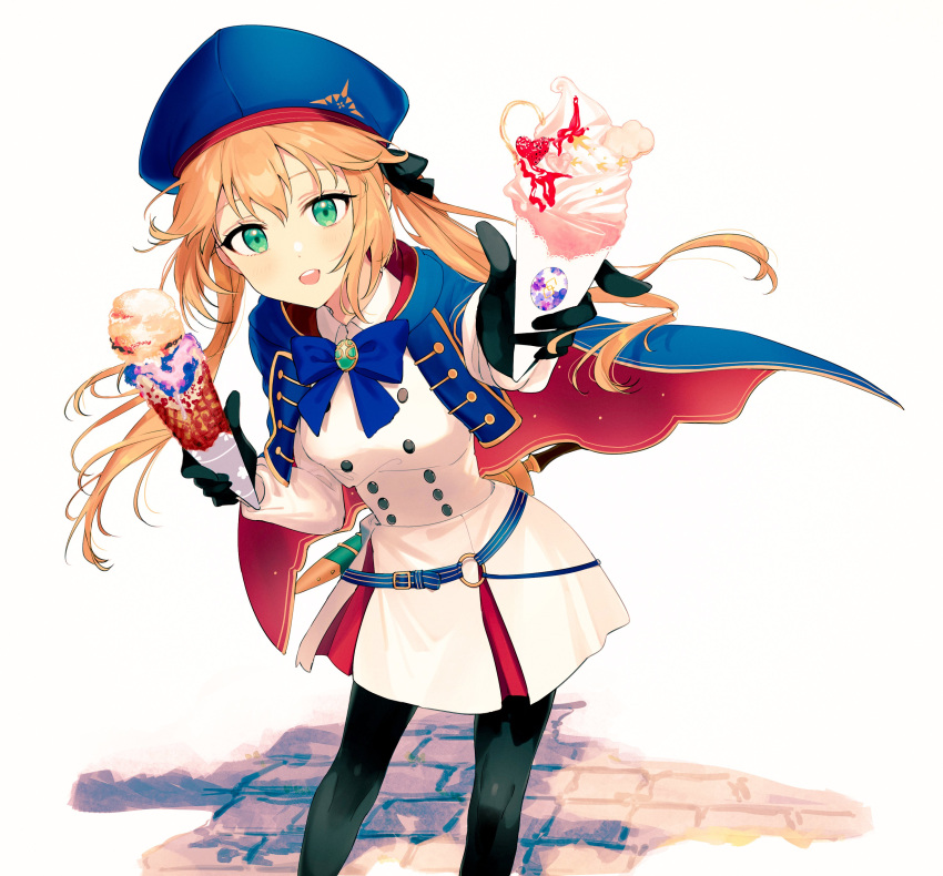 1girl absurdres artoria_pendragon_(all) artoria_pendragon_(caster)_(fate) bangs belt black_gloves black_legwear black_ribbon blonde_hair blue_bow blue_cape blue_headwear blue_neckwear bow bowtie buttons cape collared_dress commentary_request dress fate/grand_order fate_(series) food gloves green_eyes hair_between_eyes hair_ribbon hat highres holding holding_food ice_cream ice_cream_cone long_hair long_sleeves looking_at_viewer open_mouth pantyhose ribbon rizu033 sheath sheathed sidelocks solo twintails upper_teeth weapon white_dress