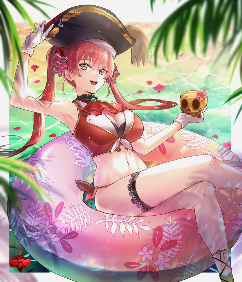1girl absurdres bikini breasts cleavage cropped_vest crossed_legs cup flower_in_drink flower_in_mug gloves hat highres holding holding_cup hololive houshou_marine innertube large_breasts long_hair looking_at_viewer mismatched_bikini navel open_mouth petals petals_on_liquid pirate_hat red_eyes red_hair red_neckwear red_ribbon ribbon rioshima_(rosm_ayk) side-tie_bikini sitting skull_cup smile solo swimsuit thigh_strap twintails vest virtual_youtuber water waving wet white_gloves yellow_eyes