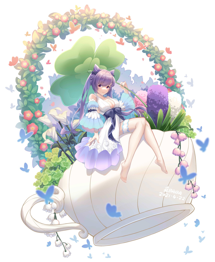 1girl absurdres alternate_costume bangs bow bowtie breasts bug butterfly cleavage collarbone commentary_request detached_sleeves double_bun dress eyebrows_visible_through_hair flower genshin_impact highres insect keqing_(genshin_impact) long_hair looking_at_viewer purple_eyes purple_hair sidelocks sitting smile solo teapot twintails white_dress yu_e_baba