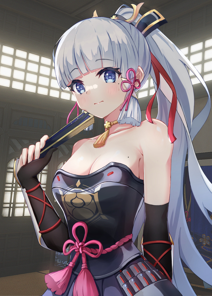 1girl absurdres armor band_(skymole01) bangs bare_shoulders black_gloves blue_eyes blunt_bangs blush breastplate breasts choker fan fingerless_gloves genshin_impact gloves highres huge_filesize japanese_clothes kamisato_ayaka light_blue_hair looking_at_viewer medium_breasts mole mole_on_breast mole_under_eye partially_fingerless_gloves ponytail sidelocks solo vambraces