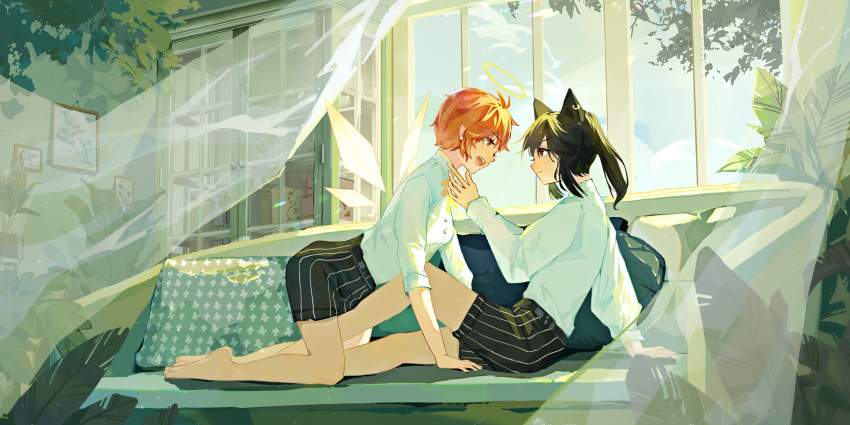 2girls animal_ears arknights arm_support bangs bare_legs barefoot black_hair black_shorts blue_sky bookshelf closed_mouth commentary_request couch curtains cushion day ear_piercing energy_wings exusiai_(arknights) eye_contact eyebrows_visible_through_hair highres indoors kneeling long_hair long_sleeves looking_at_another looking_at_viewer multiple_girls on_couch open_mouth orange_hair picture_(object) piercing plant ponytail potted_plant reaching red_eyes shirt short_hair shorts sitting sky sleeves_rolled_up smile striped striped_shorts texas_(arknights) upper_teeth white_shirt window wolf_ears xianjiu yuri