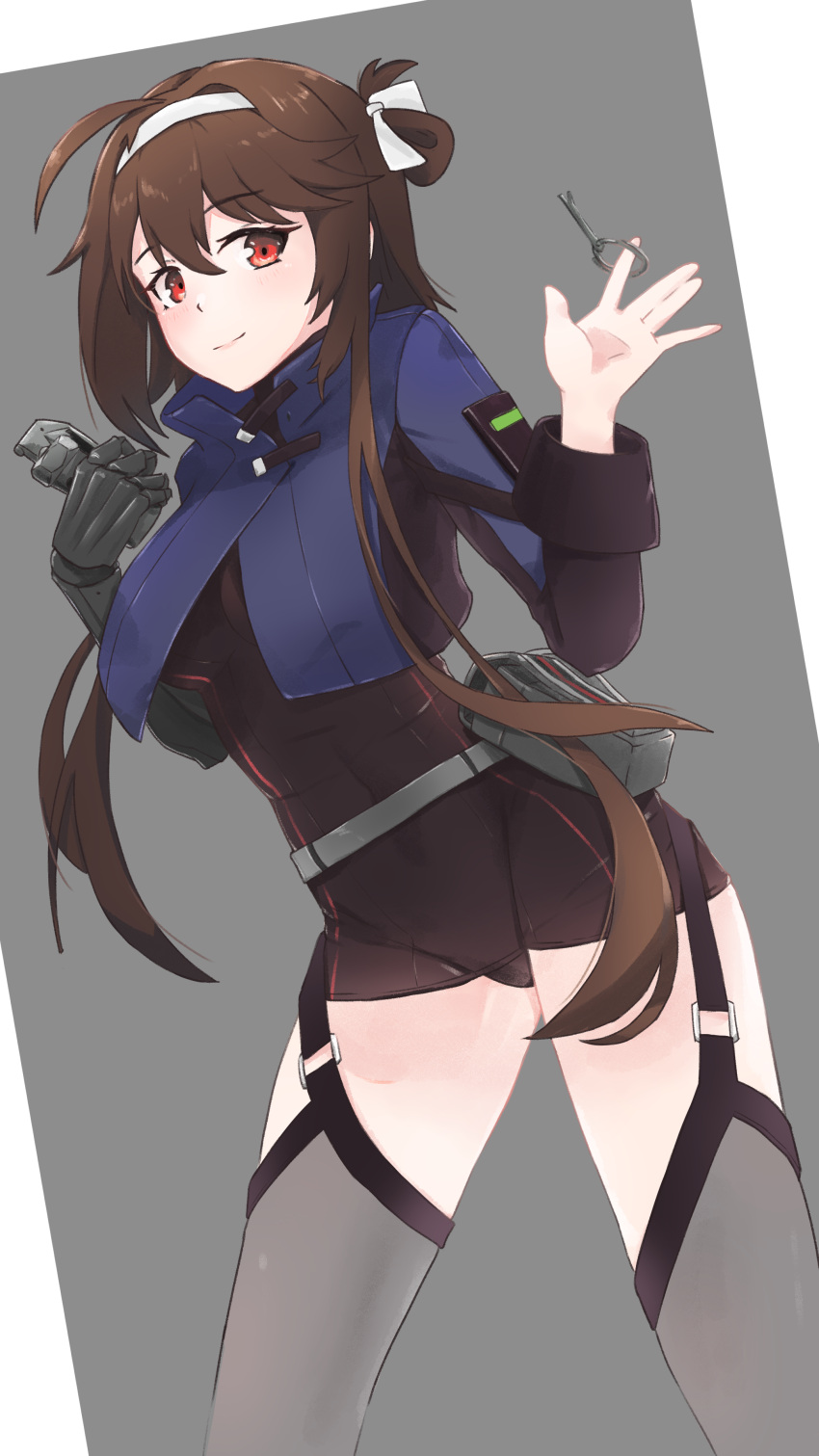1girl \||/ absurdres ahoge asymmetrical_sleeves belt_pouch black_gloves black_leotard blue_jacket breasts brown_hair contrapposto cowboy_shot cropped_jacket dutch_angle explosive eyelashes folded_hair garter_straps girls'_frontline gloves grenade grenade_pin grey_background grey_legwear hair_ribbon hands_up highres holding_grenade jacket large_breasts leotard light_smile looking_at_viewer mechanical_arms nabiyan navel pouch red_eyes ribbon short_hair_with_long_locks simple_background single_mechanical_arm solo thighhighs thighs tied_hair type_79_(girls'_frontline) white_ribbon