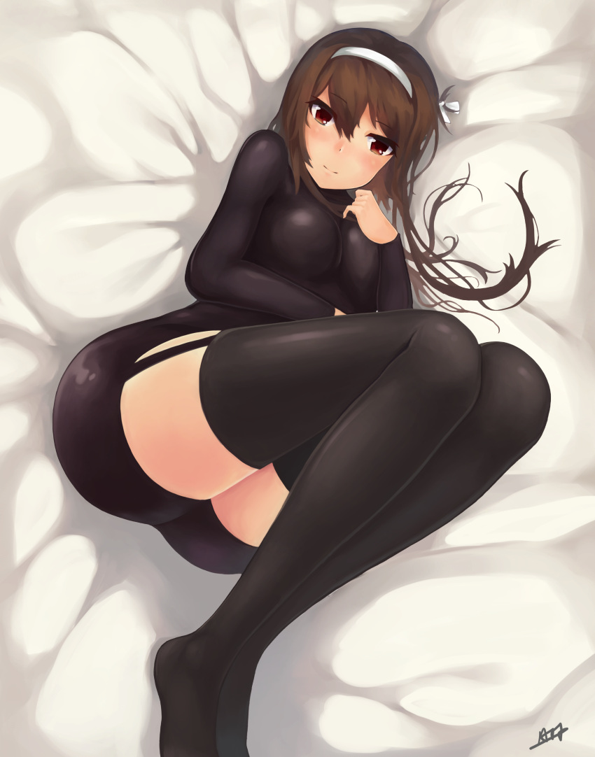 1girl absurdres black_legwear blush bodystocking breasts brown_eyes brown_hair garter_straps girls'_frontline hair_ribbon hand_on_own_chest highres large_breasts legs legs_together light_smile looking_at_viewer no_jacket on_bed pencil_skirt ribbon short_hair_with_long_locks signature skirt solo thighhighs thighs tied_hair tsurime type_79_(girls'_frontline) white_ribbon yasaka_nao_as77