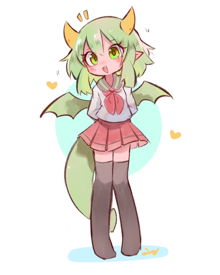 1girl absurdres alternate_costume arms_behind_back black_legwear blush ceroblitz draco_centauros dragon_girl dragon_horns dragon_tail dragon_wings eyebrows_visible_through_hair fang full_body green_eyes green_hair heart highres horns long_sleeves looking_at_viewer neckerchief open_mouth over-kneehighs pointy_ears puyopuyo red_neckwear school_uniform serafuku short_hair smile solo tail thighhighs wings