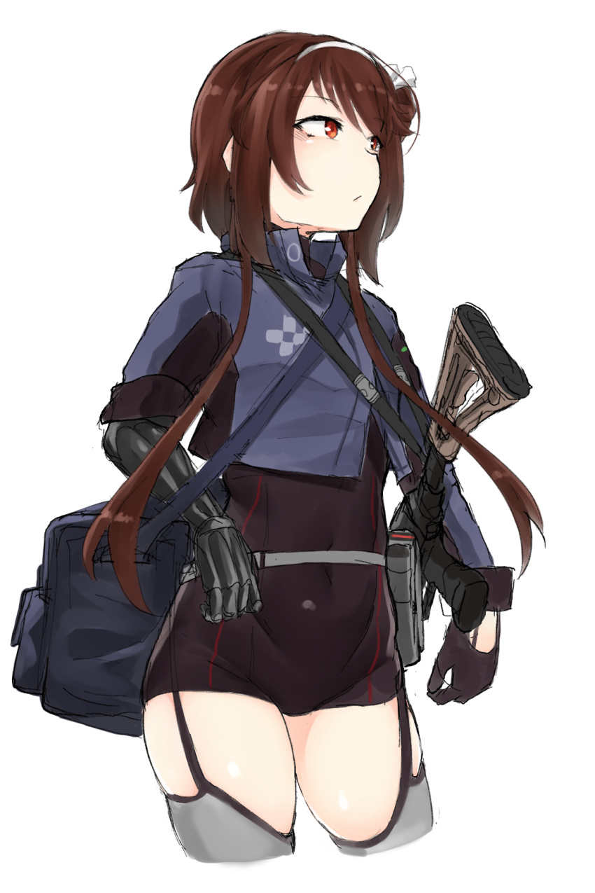 1girl ahoge asymmetrical_sleeves belt_pouch black_gloves black_leotard blue_jacket brown_hair cowboy_shot cropped_jacket cropped_legs folded_hair garter_straps girls'_frontline gloves grey_legwear hair_ribbon highres jacket k0ng leotard looking_to_the_side mechanical_arms pouch red_eyes ribbon short_hair_with_long_locks simple_background single_mechanical_arm sketch solo strap thighhighs thighs tied_hair type_79_(girls'_frontline) type_79_smg white_background white_ribbon