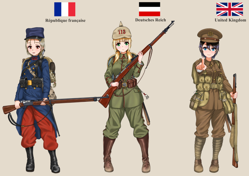 3girls absurdres ammunition_pouch ankle_boots backpack bag belt belt_buckle black_hair blonde_hair blue_eyes blush bolt_action boots braid brown_eyes buckle canteen commentary entrenching_tool french_flag green_eyes gun hat helmet highres imperial_german_flag kepi lebel_model_1886 lee-enfield load_bearing_equipment long_hair looking_at_viewer mauser_98 military military_hat military_uniform multiple_girls open_mouth original peaked_cap pickelhaube pointing pouch puttee rifle ryuukihei_rentai short_hait silver_hair simple_background single_braid sling smile soldier twintails uniform union_jack weapon world_war_i