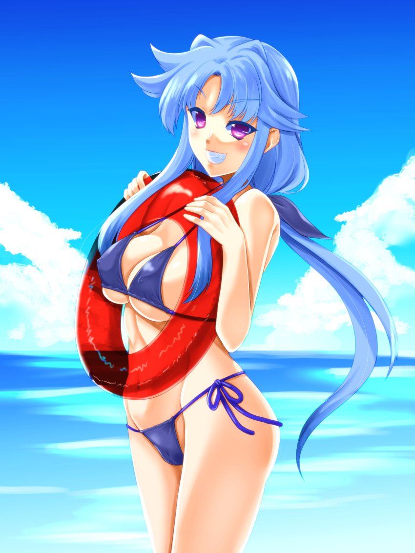 1girl bangs bikini blue_bikini blue_hair blue_ribbon blue_sky breasts cameltoe cloud cloudy_sky commentary covered_nipples cowboy_shot day eyebrows_visible_through_hair fang grin hair_ribbon hakkai halterneck highres holding holding_innertube horizon innertube large_breasts long_hair looking_at_viewer low_twintails lyrical_nanoha mahou_shoujo_lyrical_nanoha mahou_shoujo_lyrical_nanoha_a's mahou_shoujo_lyrical_nanoha_a's_portable:_the_battle_of_aces material-l navel ocean older outdoors purple_eyes ribbon side-tie_bikini sky smile solo standing swimsuit twintails water