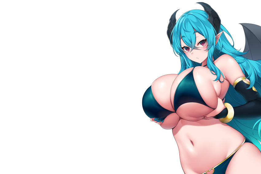 aqua_hair bikini blush breast_hold demon elbow_gloves gloves horns long_hair navel original pointed_ears purple_eyes succubus suruga_(xsurugax) swimsuit wings wristwear