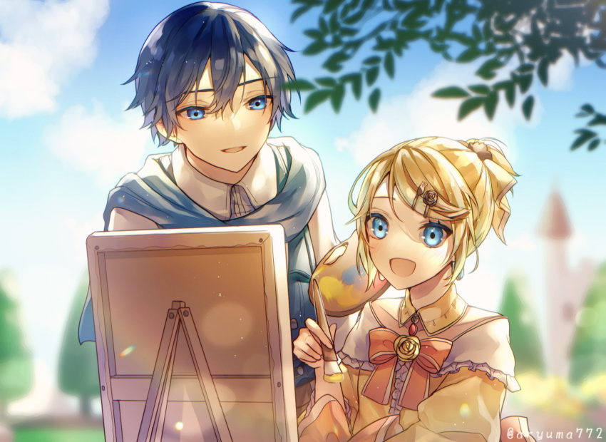 1boy 1girl aku_no_musume_(vocaloid) art_brush artist_name aryuma772 blonde_hair blue_eyes blue_hair blue_neckwear blue_sky blurry blurry_background bow building canvas_(object) castle choker cloud collarbone commentary_request dress dress_bow earrings evillious_nendaiki flower frilled_dress frills garden hair_bow hair_ornament hairclip highres holding holding_brush holding_palette jewelry kagamine_rin kaito_(vocaloid) kyle_marlon lens_flare light_particles open_mouth paintbrush painting palette_(object) puffy_sleeves riliane_lucifen_d'autriche rose short_hair signature sky smile teaching tower tree twitter_username updo vocaloid yellow_dress yellow_flower yellow_rose