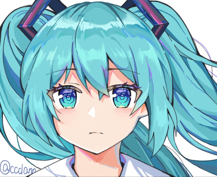 1girl bangs blue_eyes blue_hair ccclann closed_mouth commentary_request expressionless eyebrows_visible_through_hair face hatsune_miku long_hair looking_at_viewer portrait simple_background solo twintails twitter_username vocaloid white_background