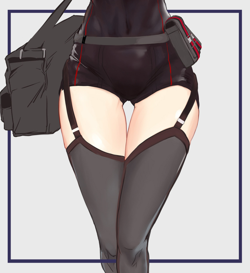 1girl bag belt belt_pouch black_leotard border dushe_mao garter_straps girls'_frontline grey_background grey_legwear highres knees leotard lower_body out_of_frame pouch shoulder_bag simple_background solo strap thigh_gap thighhighs thighs type_79_(girls'_frontline)