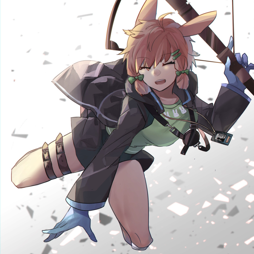 1girl animal_ears arknights bangs bare_legs black_jacket blue_gloves bow closed_mouth commentary_request debris eyebrows_visible_through_hair full_body gloves gradient gradient_background green_bow green_shirt grey_background hair_bow hand_up highres holding_crossbow id_card jacket kroos_(arknights) long_hair long_sleeves midair open_clothes open_jacket open_mouth orange_hair rabbit_ears shirt shoulder_strap sidelocks solo thigh_strap upper_teeth white_background yukinohito_(koutyanomitai)